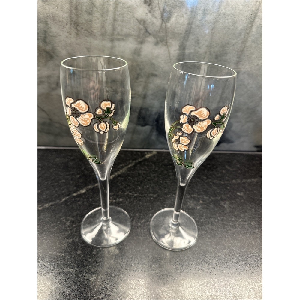 Perrier Jouet Belle Epoque Champagne Flutes Hand-Painted Crystal 7 1/2" 2PCS VTG